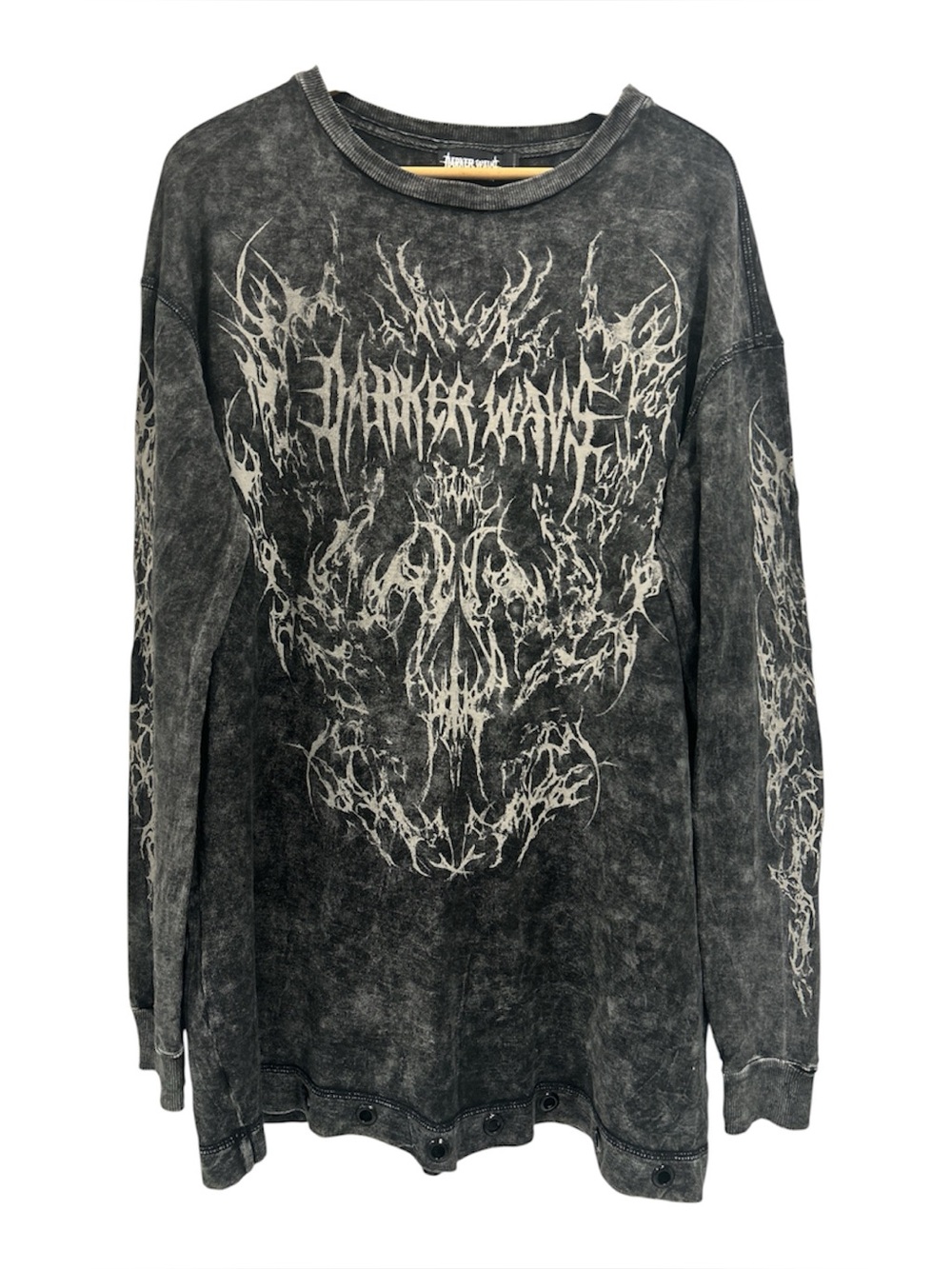 Darker Wavs by Dolls Kill Washed Black Skull Goth Graphic Long Sleeve Tee - S